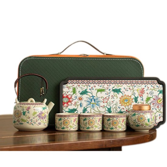 Beige Enamel Flower Kungfu Tea Sets