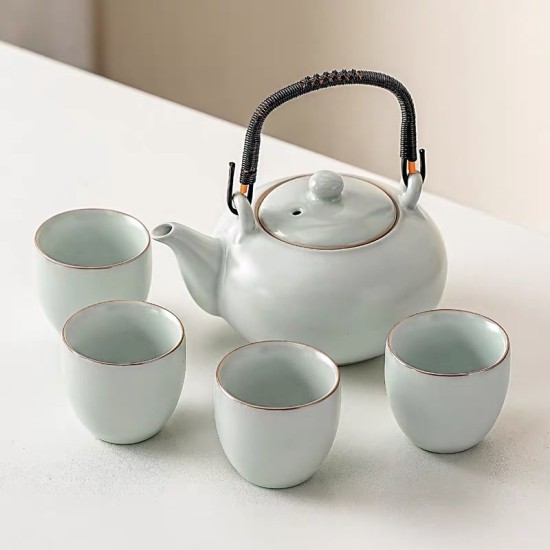 Light Celadon With Line Pattern  Pot With Handle Kungfu Tea Sets